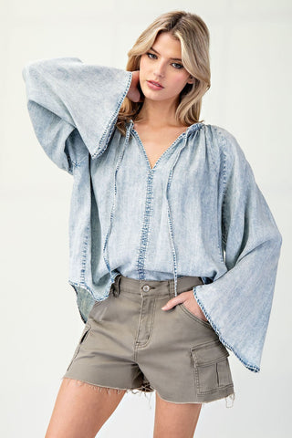 Denim Bell Sleeve Blouse