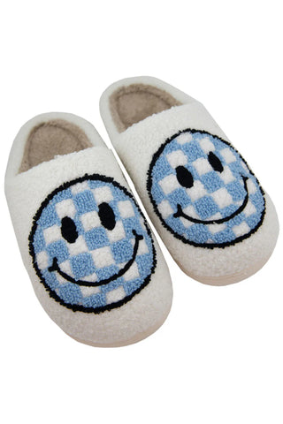 Light Blue Checkered Pattern Happy Face Slippers